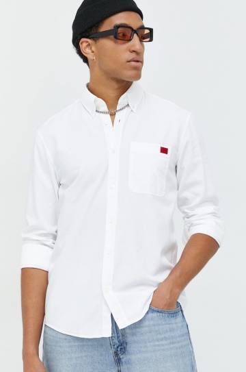Хлопковая рубашка HUGO мужская цвет белый slim воротник button-down Хлопковая рубашка HUGO мужская цвет белый slim воротник button-down