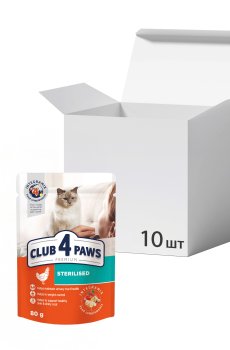 Упаковка влажного корма для взрослых стерилизованных кошек Club 4 Paws Premium, 80 г * 10 шт