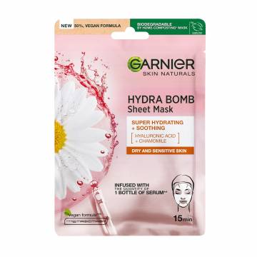 Тканевая маска для лица Garnier Skin Naturals Hydra Bomb Super Hydrating + Soothing с гиалуроновой кислотой и ромашкой, 28 г Тканевая маска для лица Garnier Skin Naturals Hydra Bomb Super Hydrating + Soothing с гиалуроновой кислотой и ромашкой, 28 г