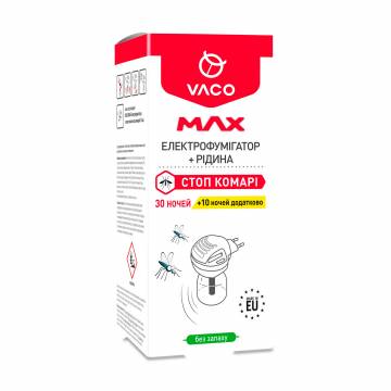 Электрофумигатор + жидкость Vaco Max Стоп комары, 30 ночей + 10 ночей дополнительно, 30 мл Электрофумигатор + жидкость Vaco Max Стоп комары, 30 ночей + 10 ночей дополнительно, 30 мл