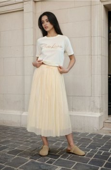 Плісирована мідді спідниця з завязкою на талії - світло-жовтий