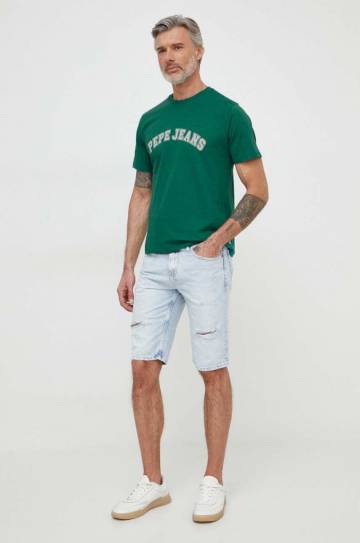 Хлопковая футболка Pepe Jeans CLEMENT мужская цвет зелёный с принтом PM509220 Хлопковая футболка Pepe Jeans CLEMENT мужская цвет зелёный с принтом PM509220