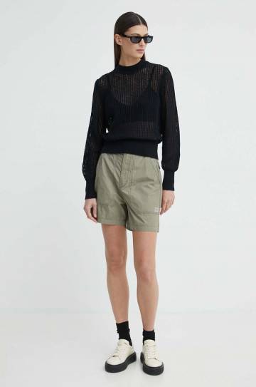 Хлопковые шорты G-Star Raw цвет зелёный однотонные высокая посадка Хлопковые шорты G-Star Raw цвет зелёный однотонные высокая посадка