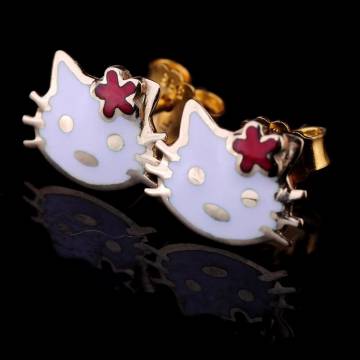Золотые серьги-пусеты "Hello Kitty" (эмаль) с01709 Золотые серьги-пусеты "Hello Kitty" (эмаль) с01709