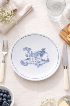 Керамічна тарілка з мотивом будинку - блакитний