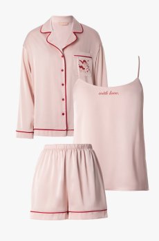 Рожевий шовковий піжамний комплект-трійка