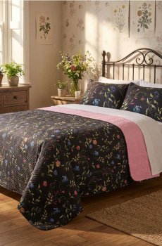 Покривало на ліжко з квітковим візерунком - чорний