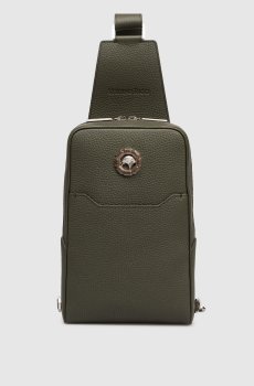 Кожаная сумка слинг цвета хаки с эмблемой и логотипом