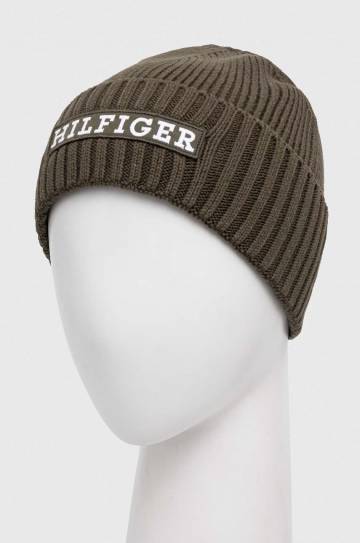Шапка с примесью шерсти Tommy Hilfiger цвет зелёный из толстого трикотажа Шапка с примесью шерсти Tommy Hilfiger цвет зелёный из толстого трикотажа