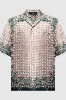 Бежевая рубашка из шелка в брендовый принт