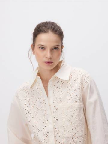 Reserved - Бавовняна сорочка з ажурною вишивкою - кремовий - WK552-01X