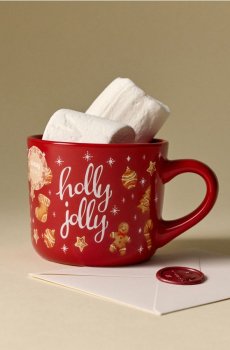 Різдвяна керамічна чашка з мотивом імбирних пряників і написом «Holly Jolly» - червоний