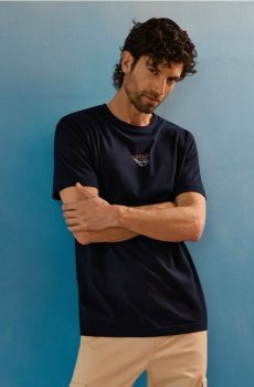 Бавовняна футболка з принтом креветки - темно-синій