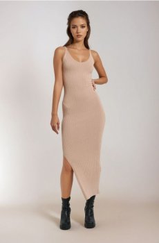 Рубчаста трикотажна міді-сукня на бретелях із віскозою - бежевий