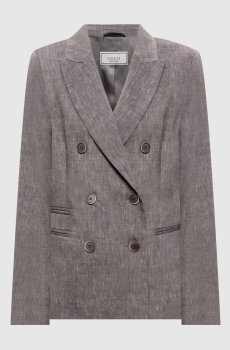 Серый двубортный жакет из шерсти и льна