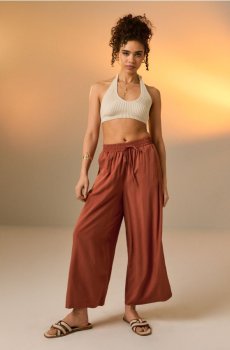 Віскозні штани широкого крою - бурштиновий