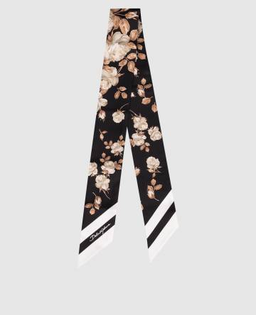 Черная лента твили из шелка в цветочный принт