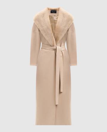 Бежевое пальто из шерсти с мехом норки на запах