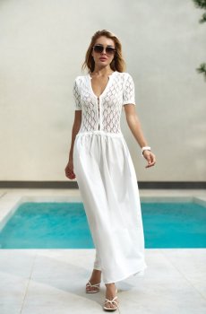Молочна бавовняна сукня максі з ажурною вязкою