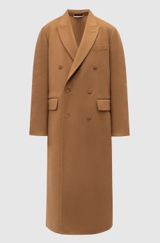 Коричневое двубортное пальто из шерсти и кашемира