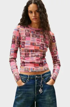 Женский розовый лонгслив с узором SLIM Разноцветный XXS Tommy Jeans DW0DW21558