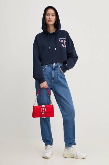 Хлопковая кофта Tommy Jeans женская цвет синий с капюшоном с аппликацией DW0DW18653 Хлопковая кофта Tommy Jeans женская цвет синий с капюшоном с аппликацией DW0DW18653