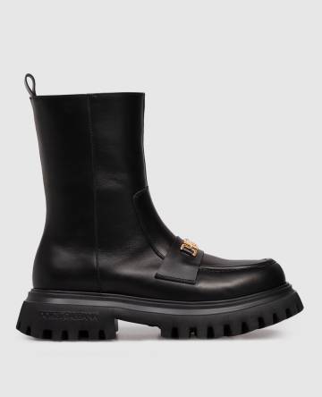 Детские черные кожаные ботинки на меху с логотипом