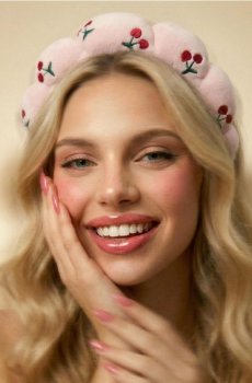 Повязка на голову з вишиваними вишнями - пастельний рожевий