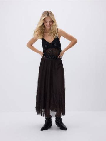 Reserved - Спідниця з мереживною оздобою - темно коричневий - 990GA-89X