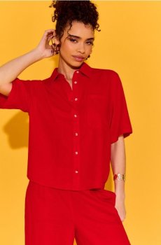 Віскозна сорочка з короткими рукавами з домішкою льону - перцевий червоний