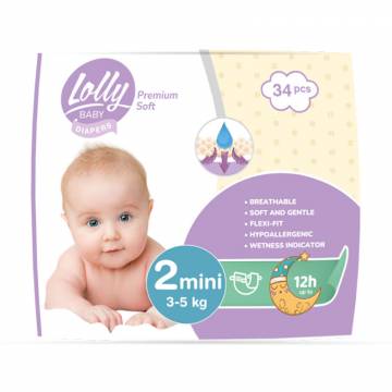 Подгузники Lolly Premium Soft Mini размер 2 (3-5 кг), 34 шт Подгузники Lolly Premium Soft Mini размер 2 (3-5 кг), 34 шт