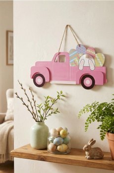 Великодня настінна декорація у формі вантажівки з яйцями та зайцем - різнобарвний