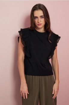 Бавовняна блуза з декоративними воланами - чорний