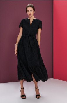 Бавовняна ажурна міді сукня з воланом і зав’язкою - чорний