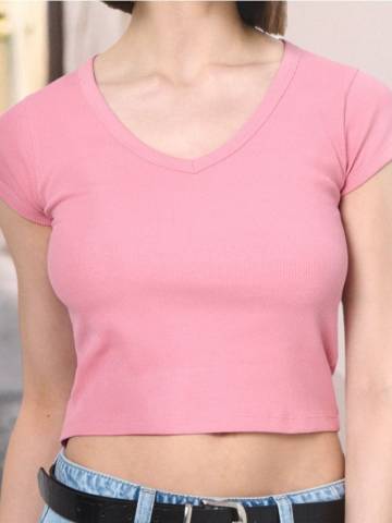 Футболка basic із трикотажу в рубчик - персиковий Футболка basic із трикотажу в рубчик - персиковий