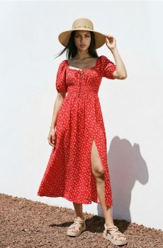 Міді сукня з квітковим принтом і розрізом - червоний