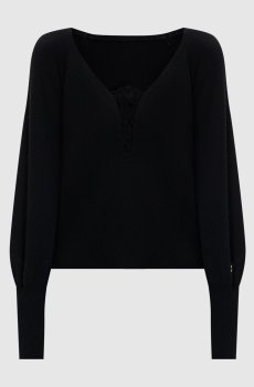 Черный пуловер с шерстью с кружевом