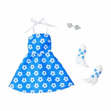 Набір одягу Barbie Блакитна в білі квіти сукня, чоботи та окуляри (GWD96/HYV22)