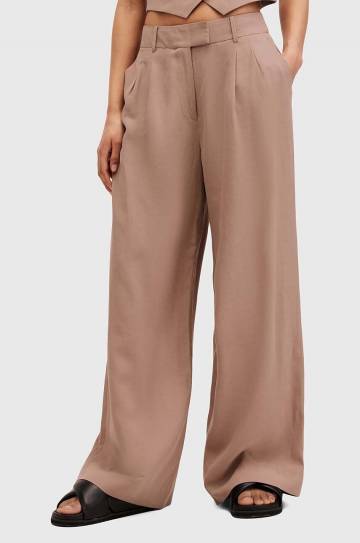 Брюки с примесью льна AllSaints DERI LYN цвет коричневый широкие средняя посадка WT026Y Брюки с примесью льна AllSaints DERI LYN цвет коричневый широкие средняя посадка WT026Y