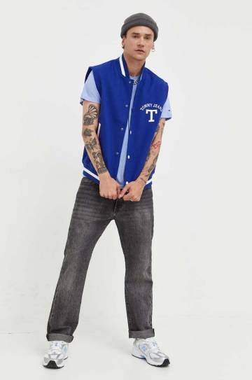 Жилет с примесью шерсти Tommy Jeans цвет синий переходной Жилет с примесью шерсти Tommy Jeans цвет синий переходной