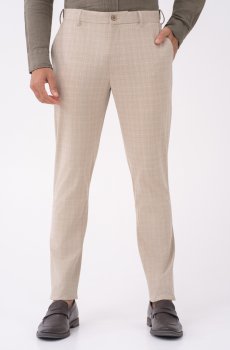 The Pant Project Men Sandpiper Beige Checks Slim Fit Stretch Formal Pants