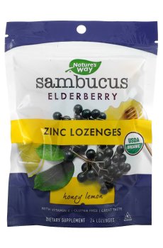 Черная бузина с цинком для детей Natures Way Sambucus Elderberry Zinc Lozenges Honey Lemon со вкусом лимона, 24 леденца