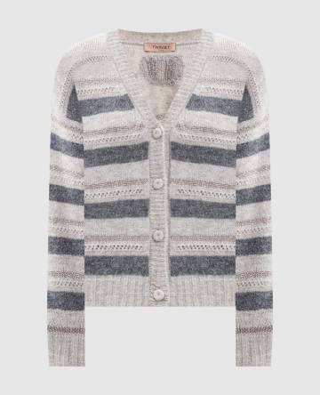 Серый кардиган с шерстью альпаки в полоску