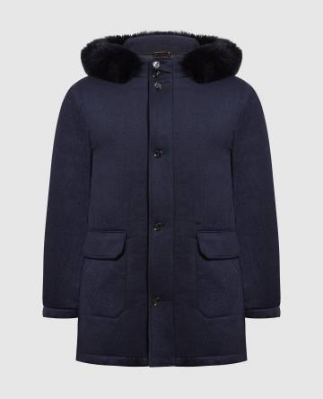 Синяя пуховая куртка с мехом лисы