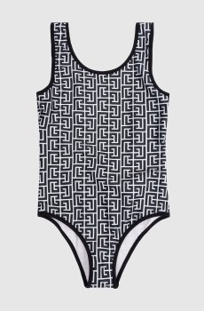 Детский черный купальник в брендовый принт