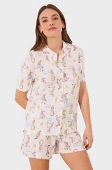Женская белая пижама с узором (рубашка, шорты) Peter Rabbit Белый XS womensecret 3139861