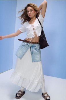Асиметрична спідниця міді з віскози з воланом - білий