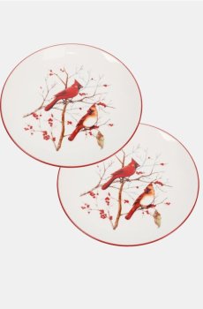 Набір з 2 різдвяних тарілок з мотивом птахів - червоний