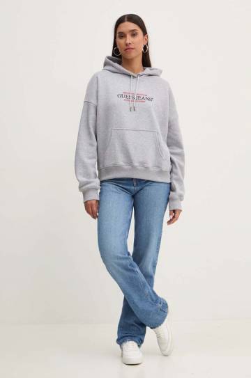 Кофта Guess Jeans женская цвет серый с капюшоном с аппликацией W4YQ15 KC811 Кофта Guess Jeans женская цвет серый с капюшоном с аппликацией W4YQ15 KC811