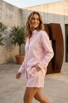 Сорочка зі змішаною тканиною з льоном - пастельний рожевий
